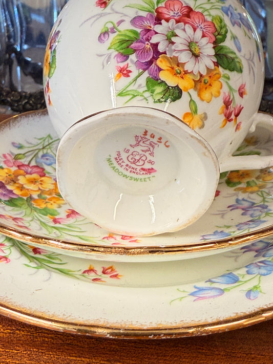 Vintage E.B. Foley Bone China Meadow Sweet Coffee Trio – Cup, Saucer, Plate
