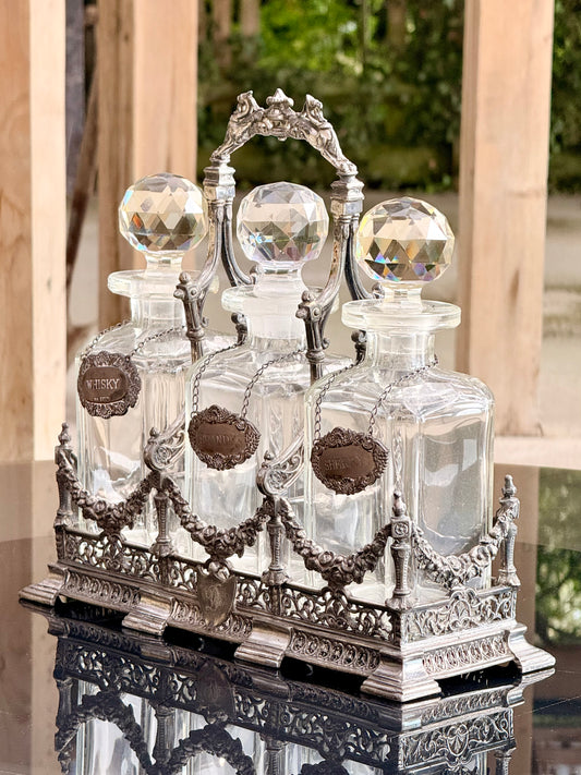 Exceptional Antique Silver-Plated Tantalus Decanter Set with Cut Crystal Bottles | Victorian English Barware, Circa 1880