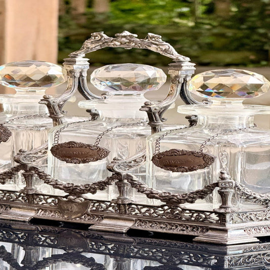 Exceptional Antique Silver-Plated Tantalus Decanter Set with Cut Crystal Bottles | Victorian English Barware, Circa 1880