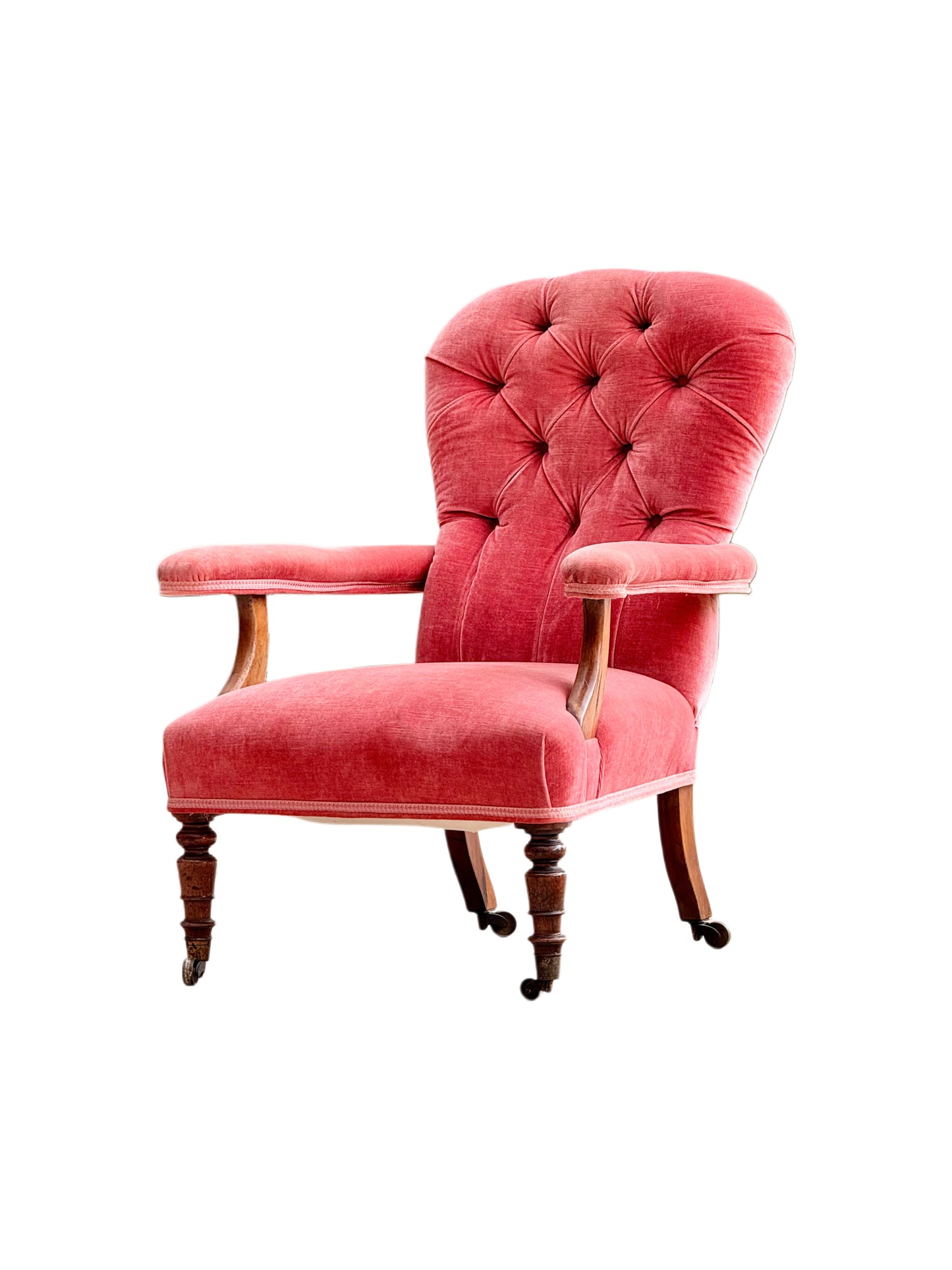 Antique Victorian Pink Velvet Howard Style Armchair, UK 19th Century