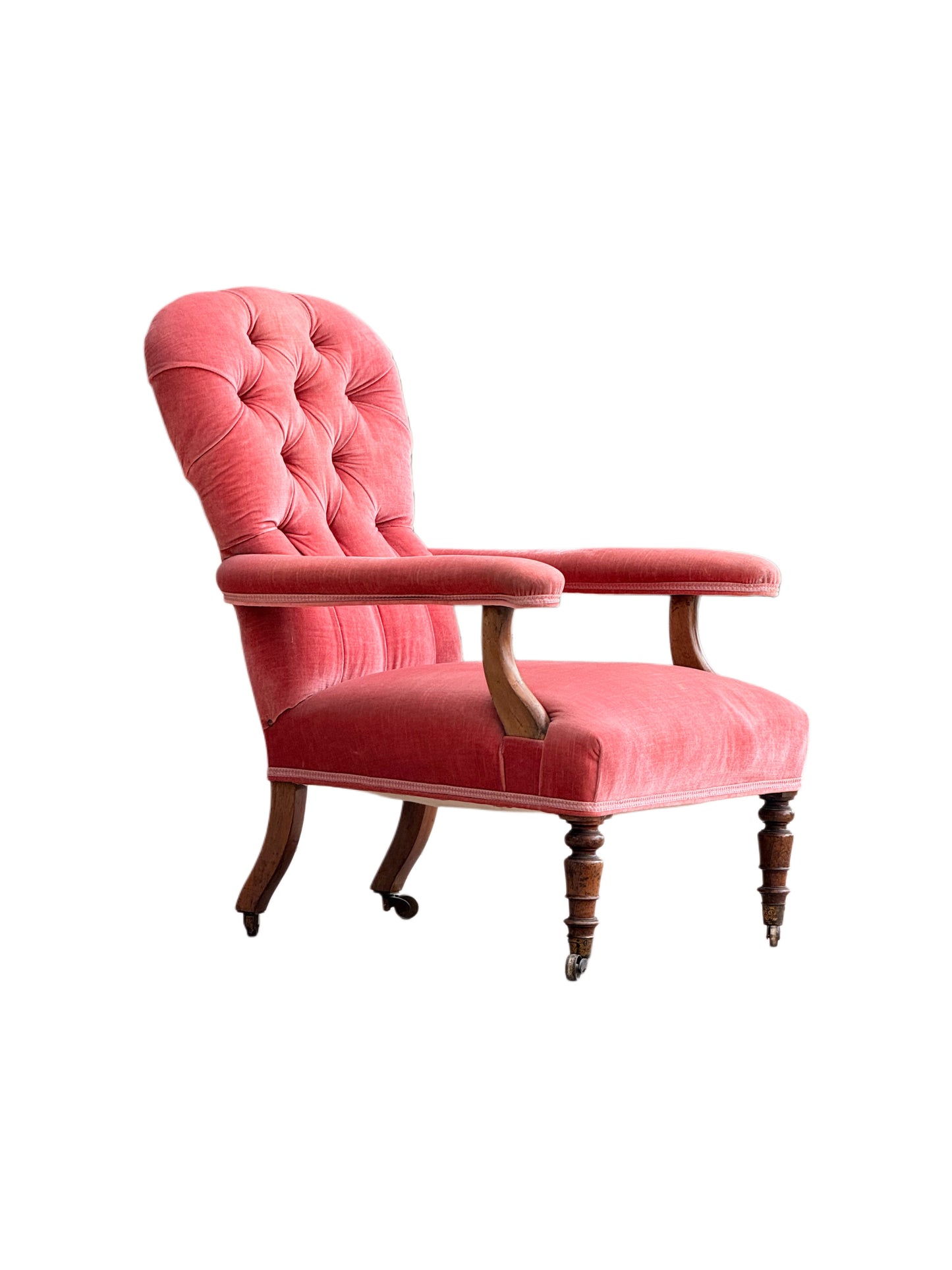 Antique Victorian Pink Velvet Howard Style Armchair, UK 19th Century