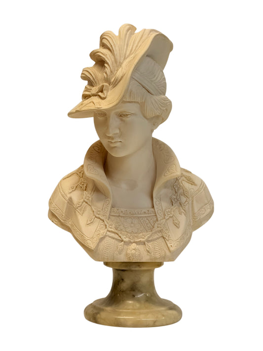 Arnaldo Giannelli 1980 Signed Composite Marble Bust Lady with Plumed Hat - Italian.