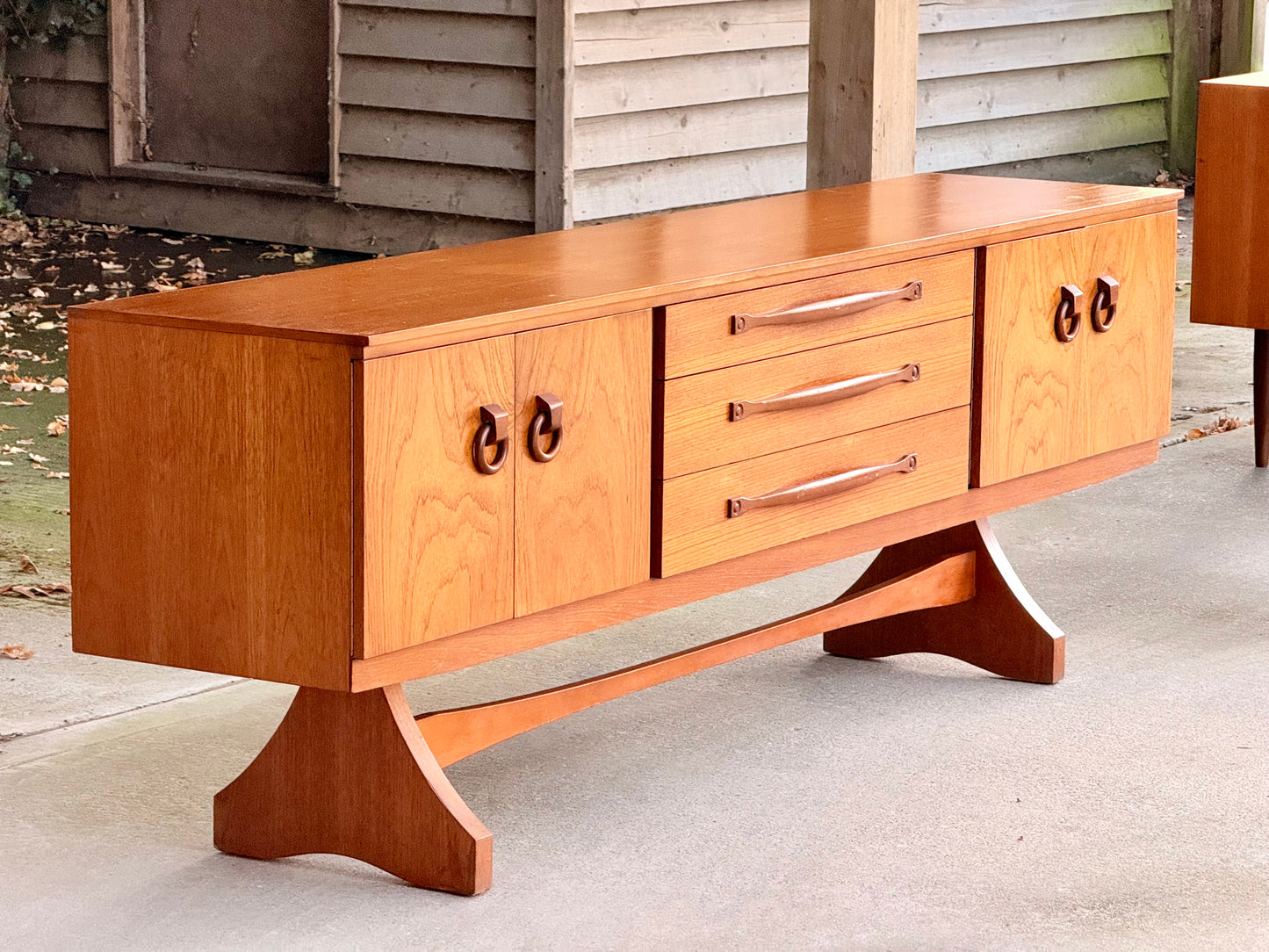 Beautility Teak Sideboard, Mid-Century Masterpiece with Sculptural Trestle Base, 1960s British Craftsmanship