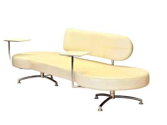 Italian Designer Cream Leather Bench Sofa with Pivoting Tables
