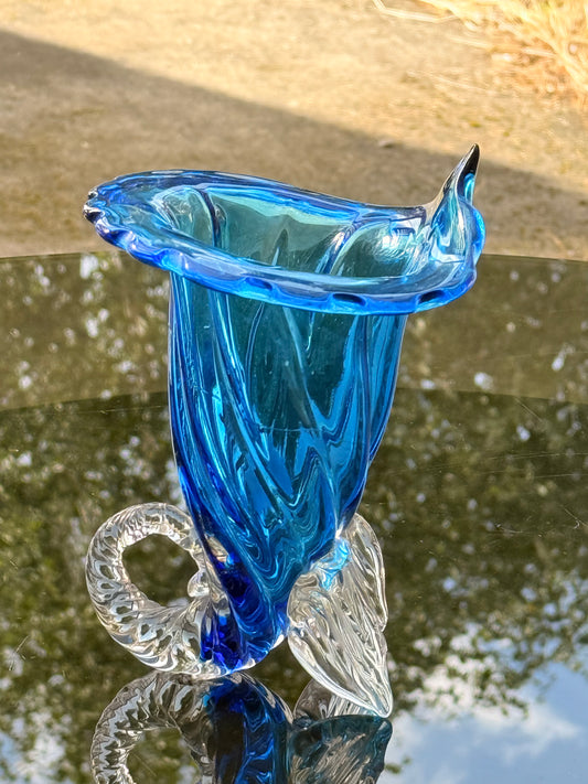 Exceptional Murano Glass Cornucopia Vase – Hand-Blown Italian Art Glass in Blue & Clear | Venetian Luxury Decor