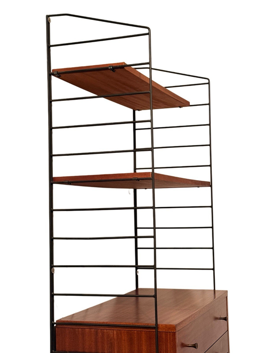 Brianco ladder shelving, close-up of teak shelves on black metal ladders