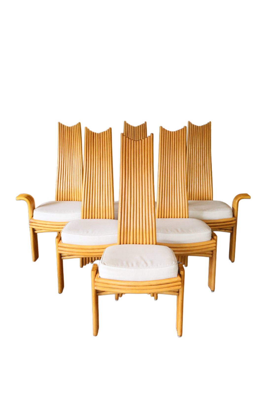 Set of six Arthur Edwards for McGuire modernist bamboo dining chairs with tall slatted backs and white upholstered seats
