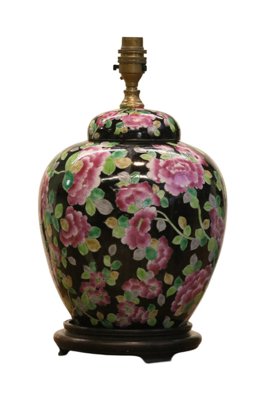 Chinese black ground floral porcelain lamp base, front view