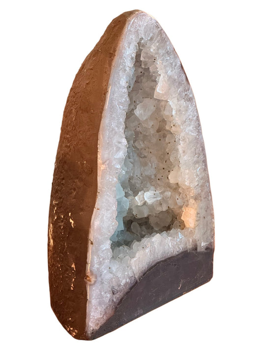 Tall Brazilian quartz cathedral geode, angled view showing the outer shell