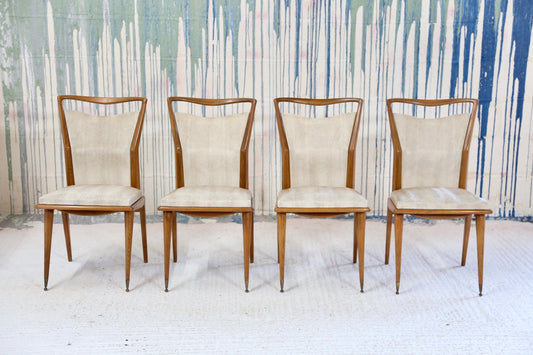 Set Of 4 French Mid Century Modern Teak Dining Chairs With Sculpted Brass Sabots