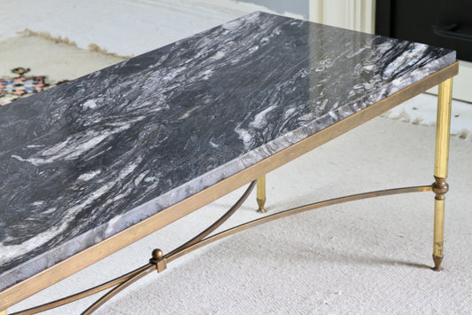 Italian Neoclassical Design Mid Century Modern Brass & Black Stone Coffee Table