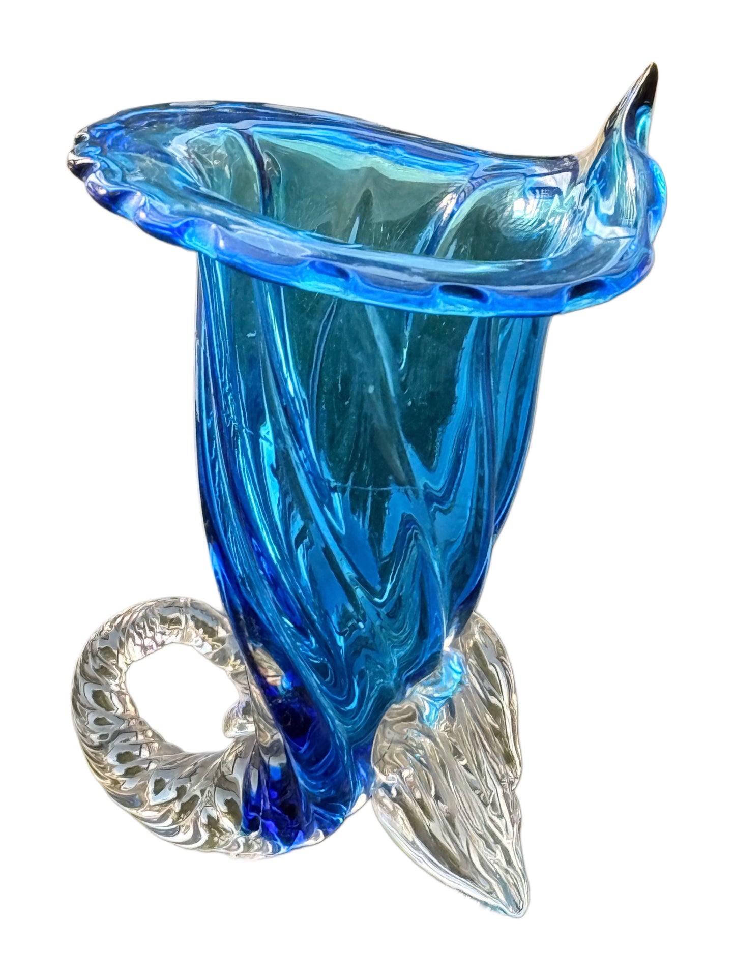 Exceptional Murano Glass Cornucopia Vase – Hand-Blown Italian Art Glass in Blue & Clear | Venetian Luxury Decor