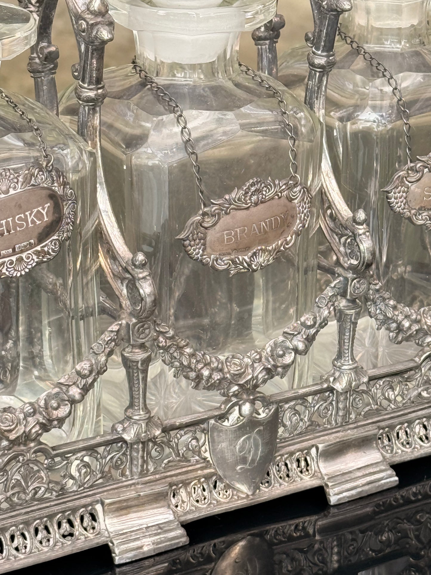 Exceptional Antique Silver-Plated Tantalus Decanter Set with Cut Crystal Bottles | Victorian English Barware, Circa 1880