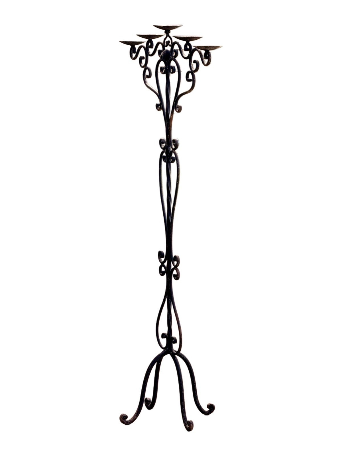Antique wrought iron candle tree candelabra, full-height side view