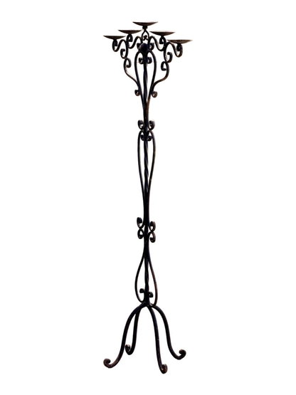 Antique wrought iron candle tree candelabra, full-height side view