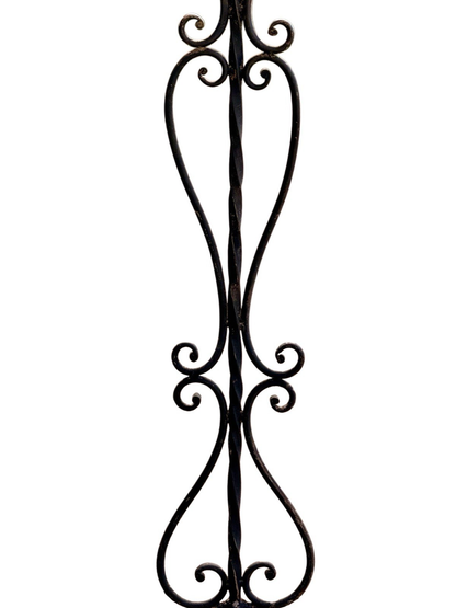 Wrought iron candle tree, detail of twisted stem and C-scroll supports