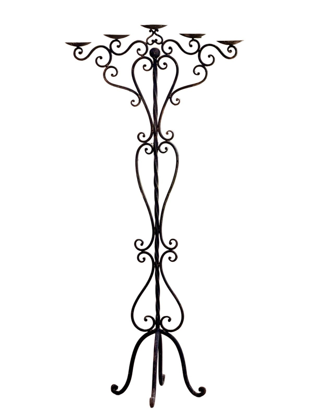 19th-century English wrought iron five-arm pricket candle tree candelabra with scrolling stem and tripod feet