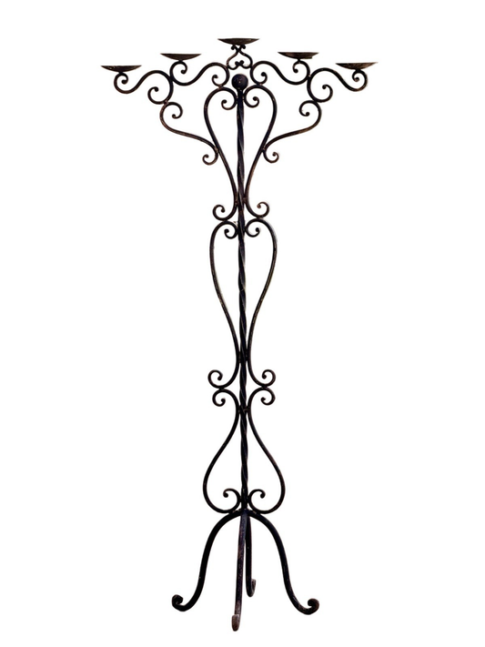 19th-century English wrought iron five-arm pricket candle tree candelabra with scrolling stem and tripod feet