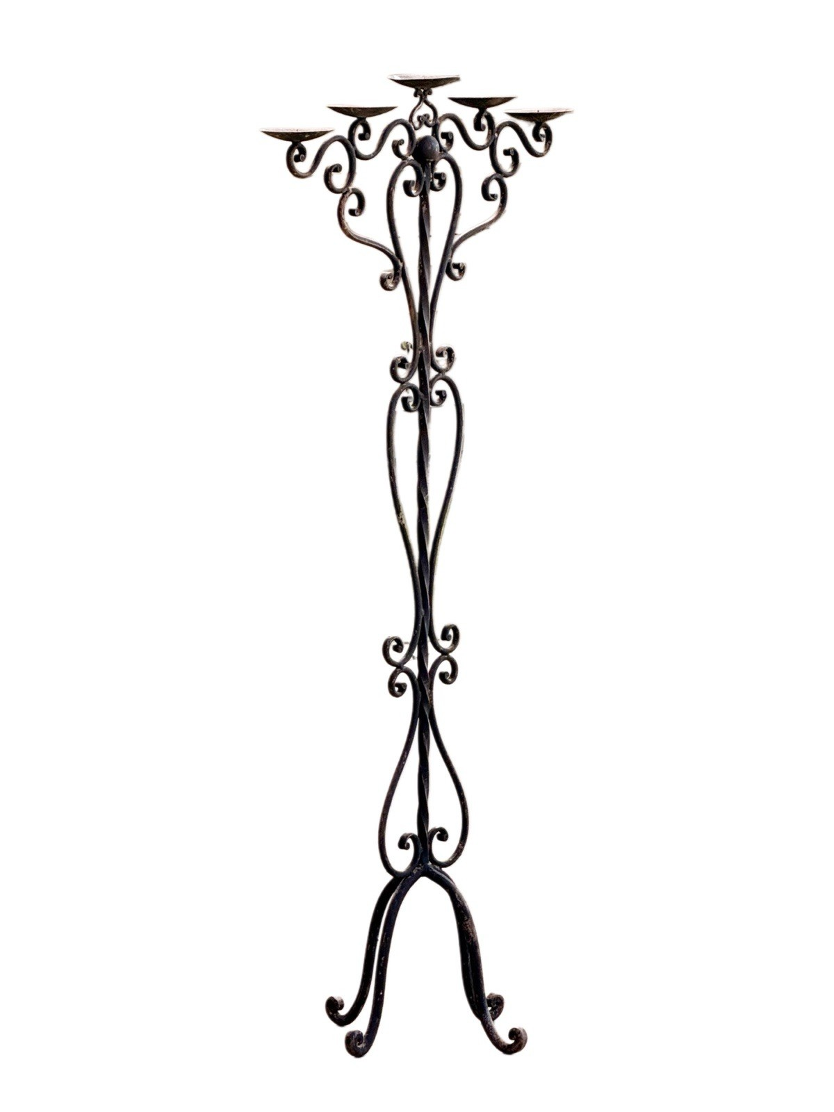 Victorian wrought iron pricket candelabra, three-quarter view