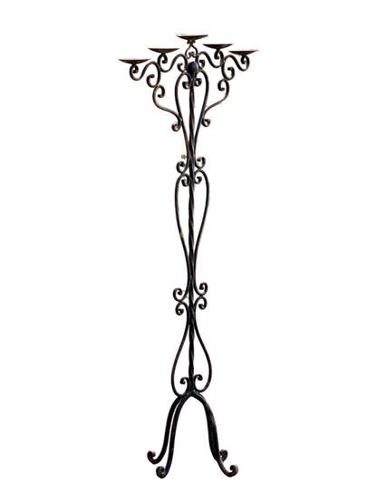 Victorian wrought iron pricket candelabra, three-quarter view