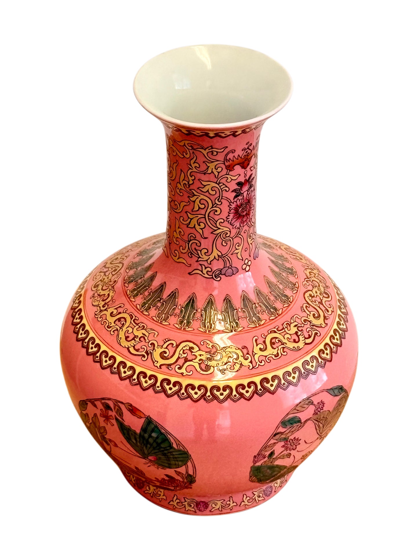 Chinese Famille Rose Pink Butterfly Vase, Qianlong Mark, Gold Accents