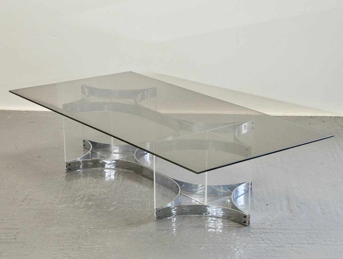 Alessandro Albrizzi chrome and Lucite coffee table with smoked glass top, three-quarter high-angle view