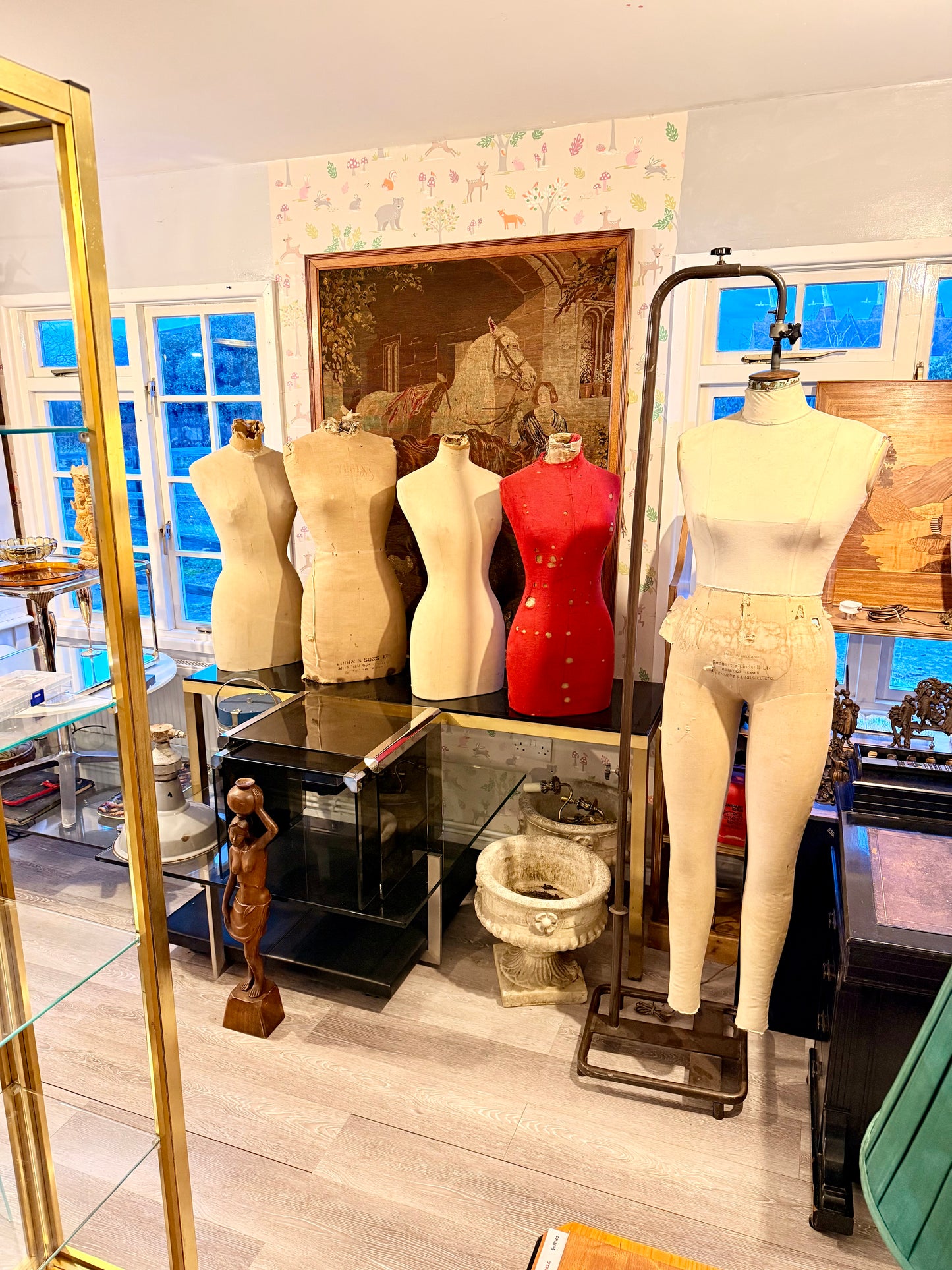 Vintage Kennett & Lindsell Ltd (Est. 1877) Legged Dress Form Mannequin – Cream Linen, Adjustable Stand