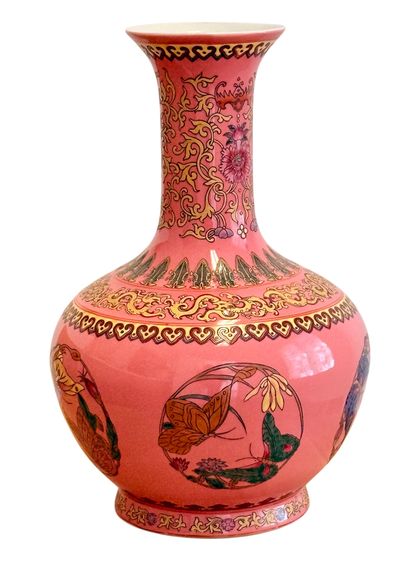 Chinese Famille Rose Pink Butterfly Vase, Qianlong Mark, Gold Accents
