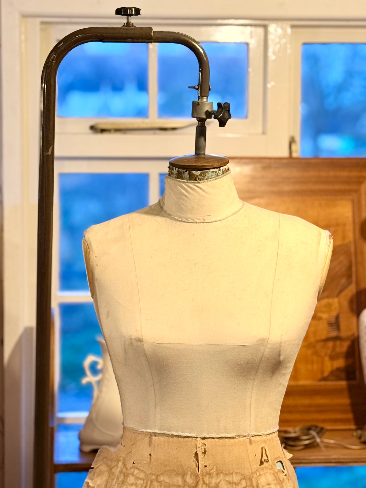 Vintage Kennett & Lindsell Ltd (Est. 1877) Legged Dress Form Mannequin – Cream Linen, Adjustable Stand