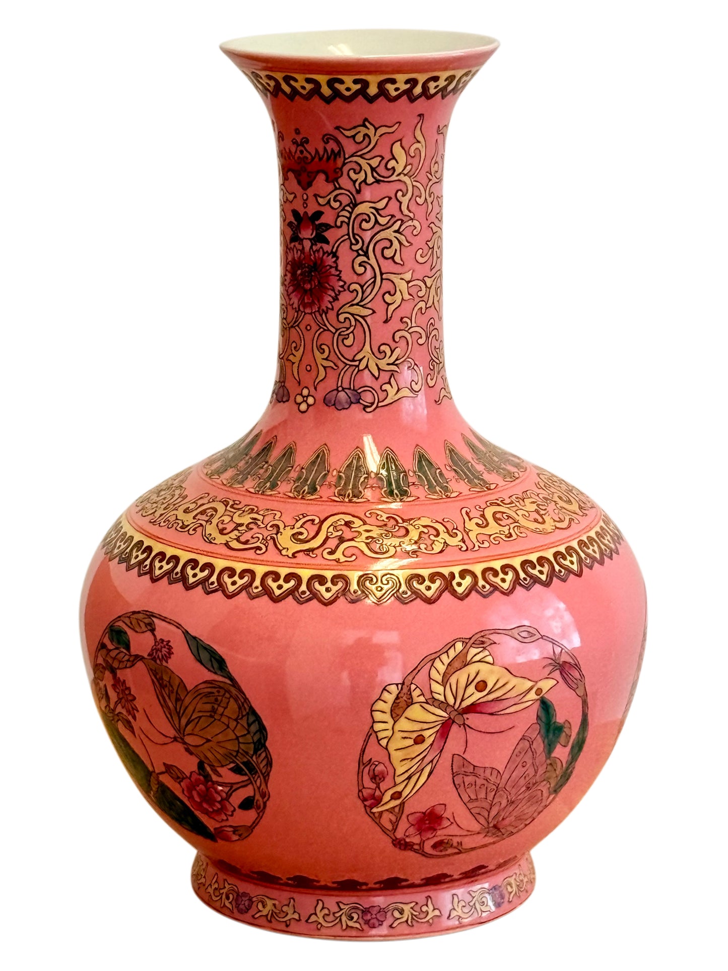 Chinese Famille Rose Pink Butterfly Vase, Qianlong Mark, Gold Accents