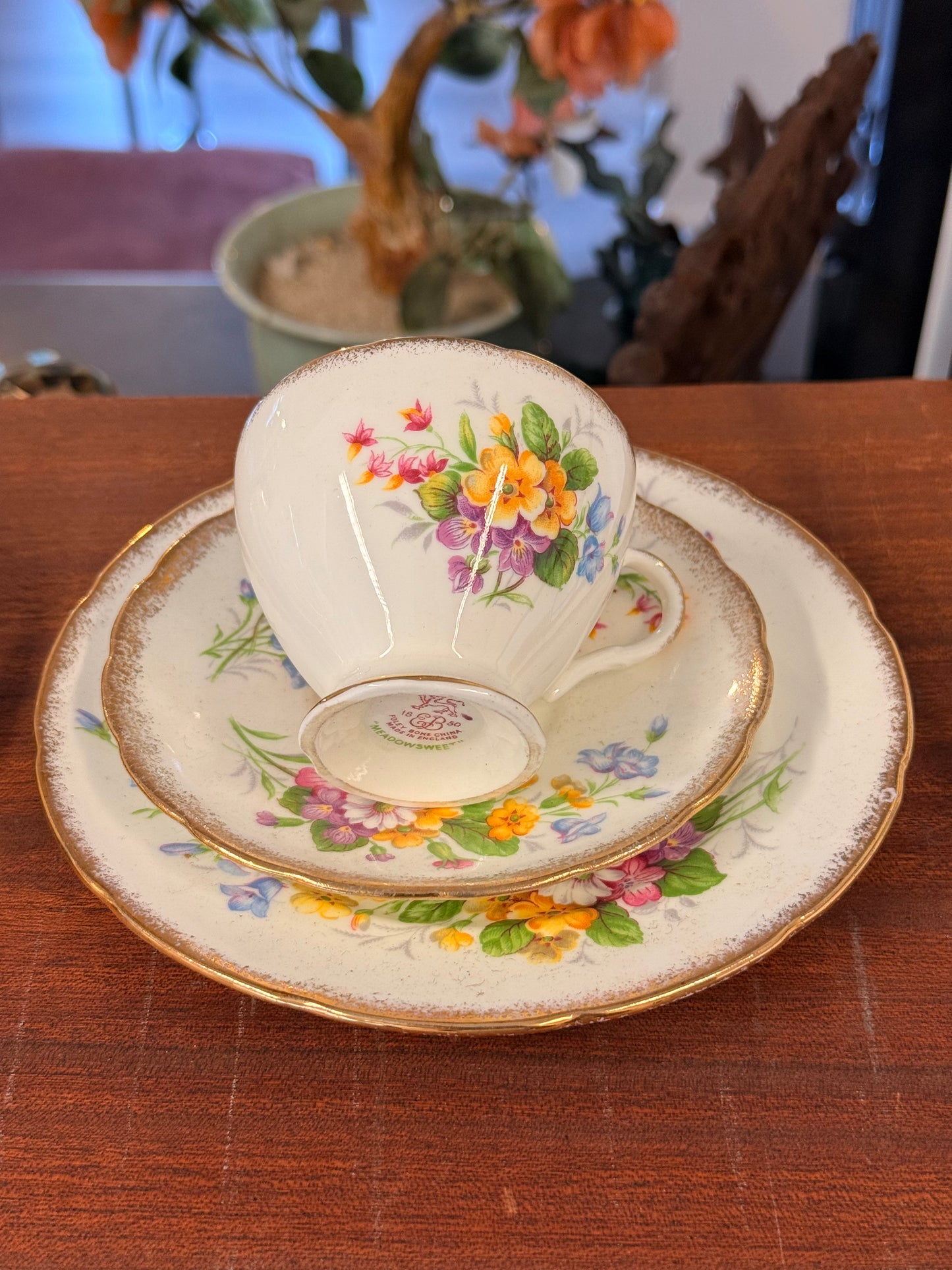 Vintage E.B. Foley Bone China Meadow Sweet Coffee Trio – Cup, Saucer, Plate