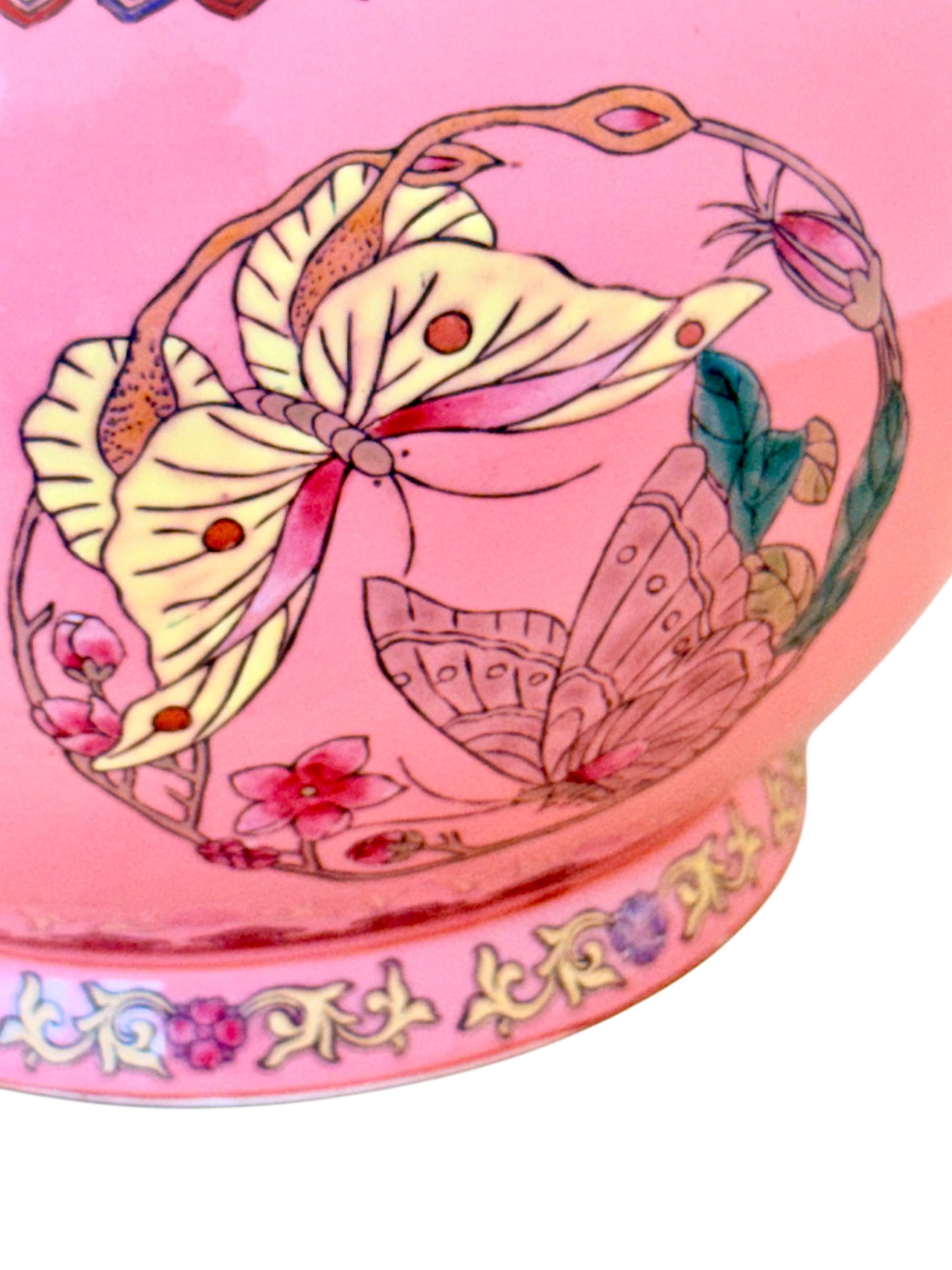 Chinese Famille Rose Pink Butterfly Vase, Qianlong Mark, Gold Accents