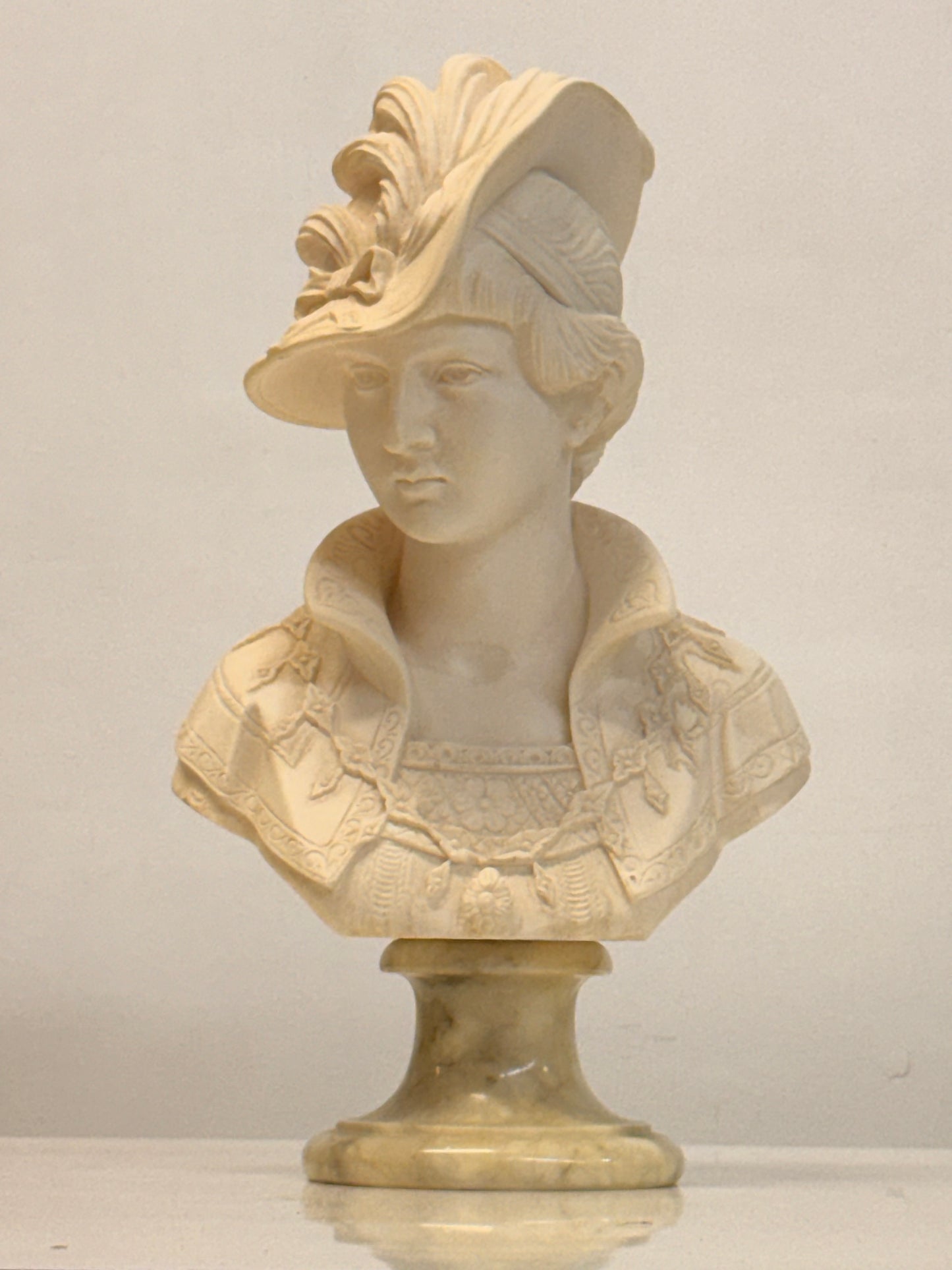 Arnaldo Giannelli 1980 Signed Composite Marble Bust Lady with Plumed Hat - Italian.