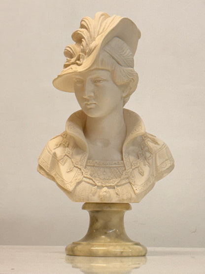 Arnaldo Giannelli 1980 Signed Composite Marble Bust Lady with Plumed Hat - Italian.