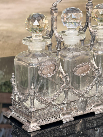 Exceptional Antique Silver-Plated Tantalus Decanter Set with Cut Crystal Bottles | Victorian English Barware, Circa 1880