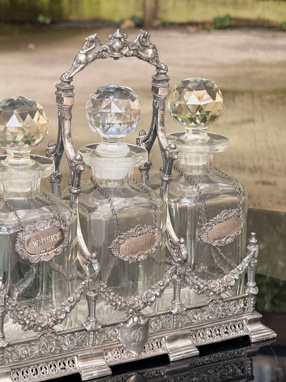 Exceptional Antique Silver-Plated Tantalus Decanter Set with Cut Crystal Bottles | Victorian English Barware, Circa 1880