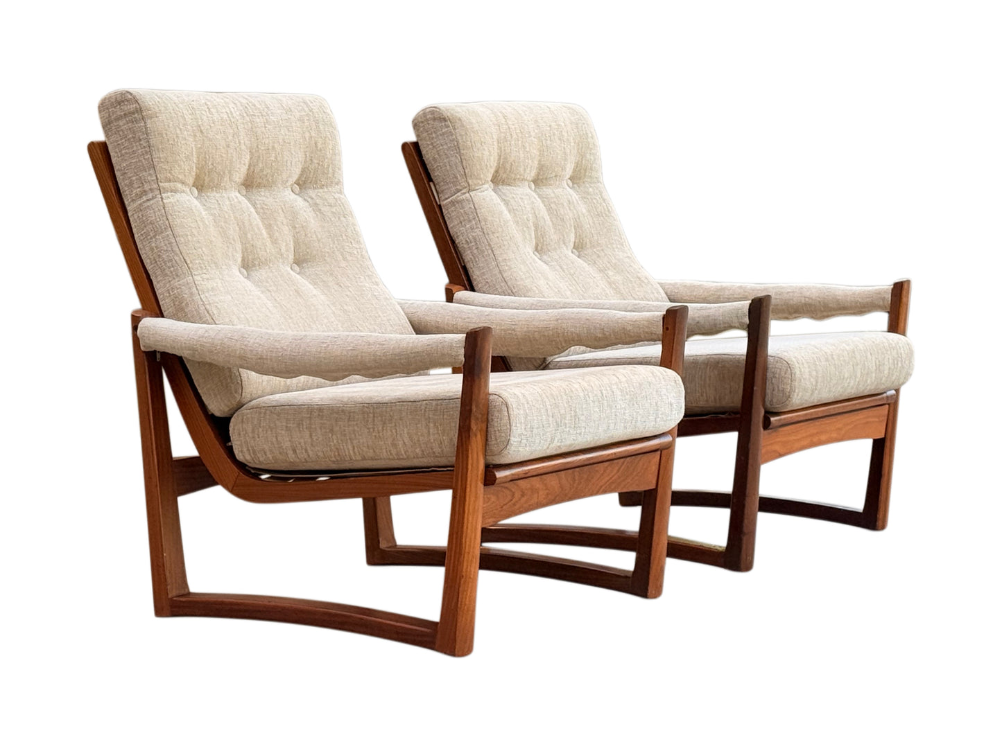Pair Guy Rogers Virginia Armchairs Afromosia Teak Beige