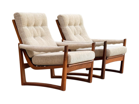 Pair Guy Rogers Virginia Armchairs Afromosia Teak Beige