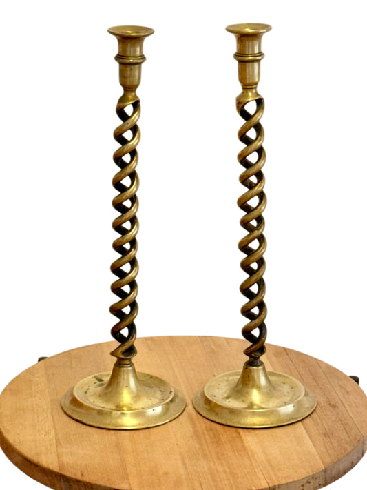 Pair Of 19th Century Victorian Barley Twist Brass Candlestick Holders