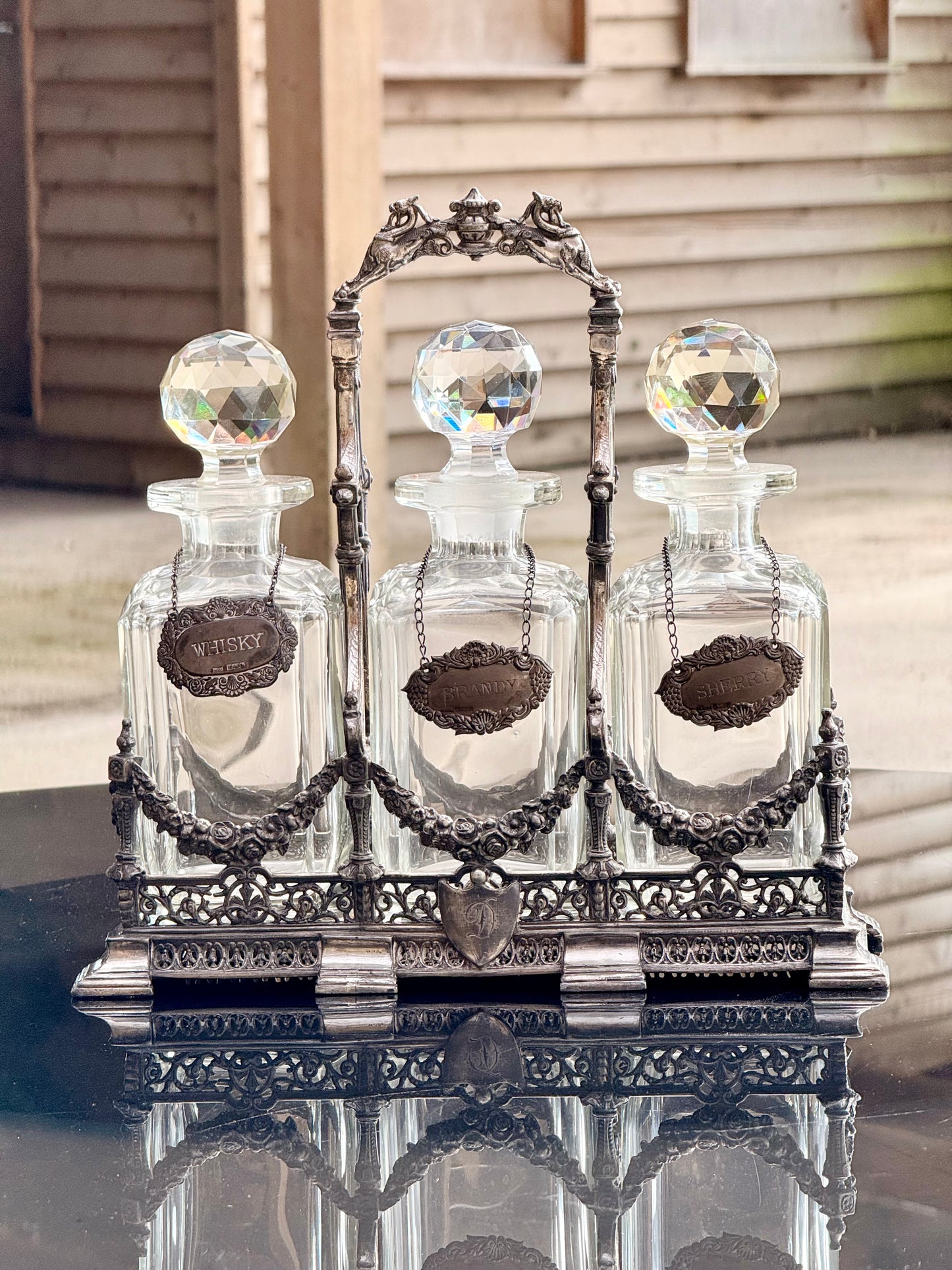 Exceptional Antique Silver-Plated Tantalus Decanter Set with Cut Crystal Bottles | Victorian English Barware, Circa 1880