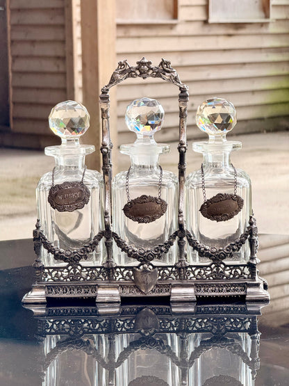 Exceptional Antique Silver-Plated Tantalus Decanter Set with Cut Crystal Bottles | Victorian English Barware, Circa 1880