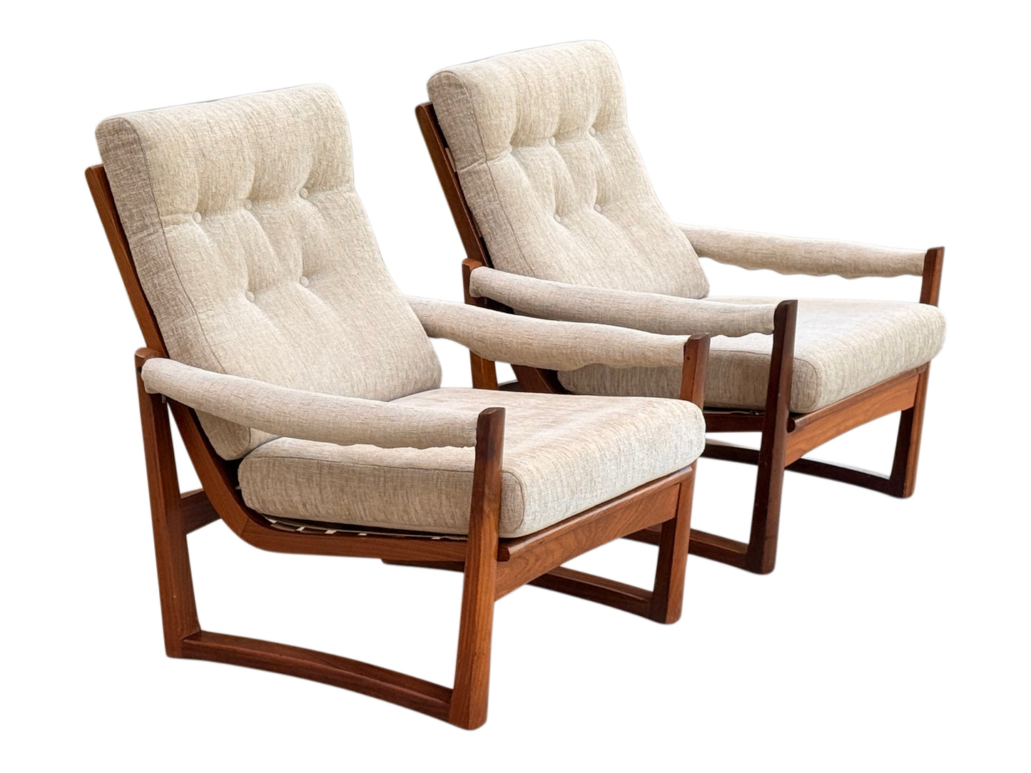 Pair Guy Rogers Virginia Armchairs Afromosia Teak Beige