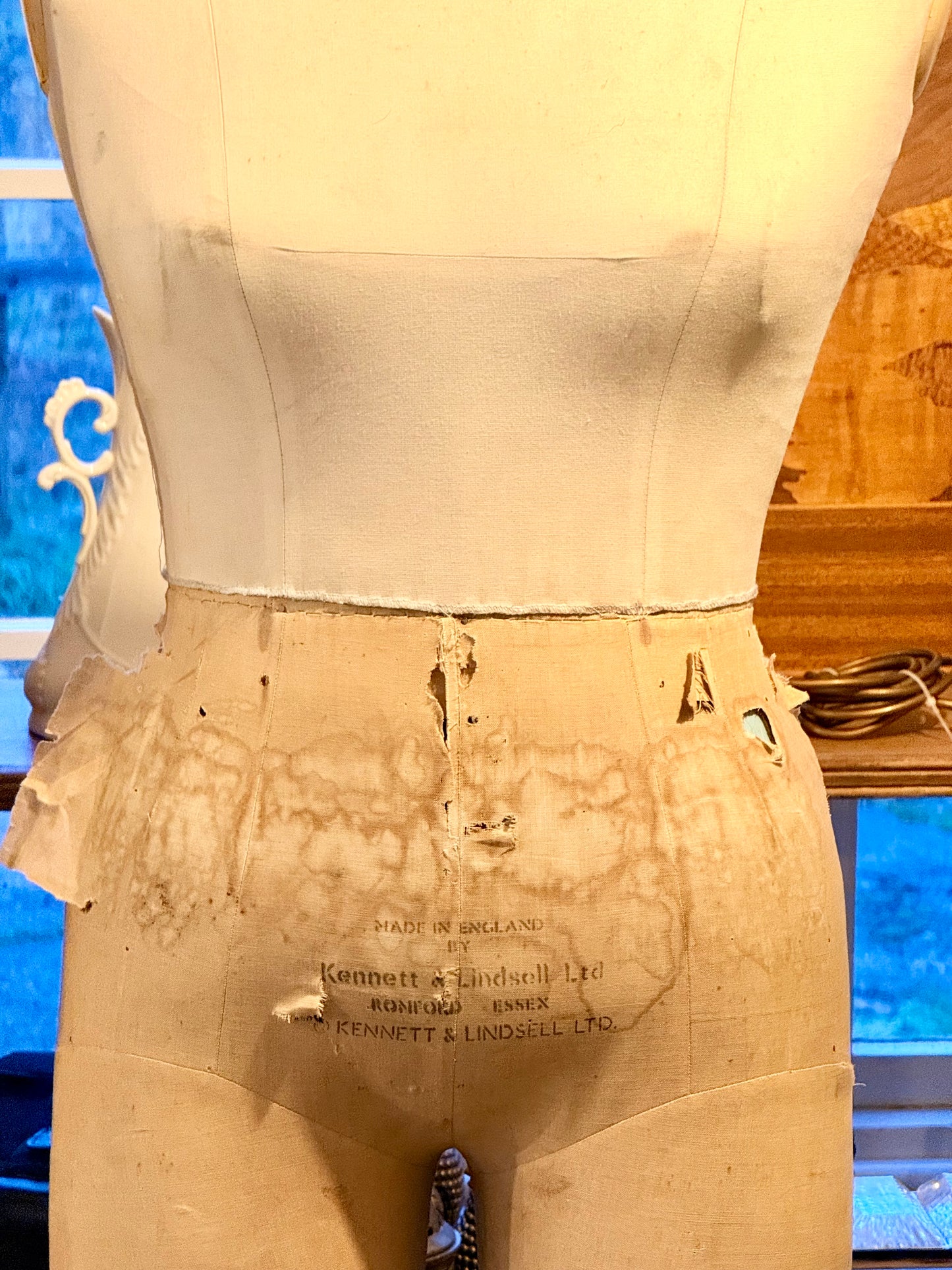 Vintage Kennett & Lindsell Ltd (Est. 1877) Legged Dress Form Mannequin – Cream Linen, Adjustable Stand