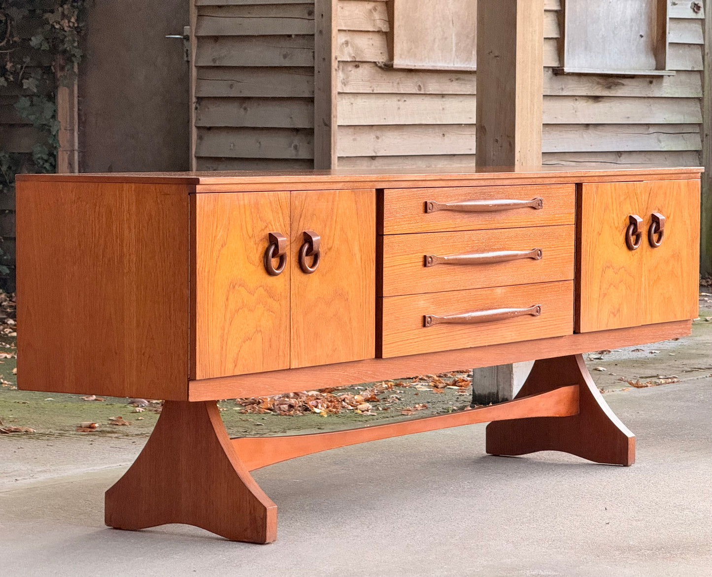 Beautility Teak Sideboard, Mid-Century Masterpiece with Sculptural Trestle Base, 1960s British Craftsmanship