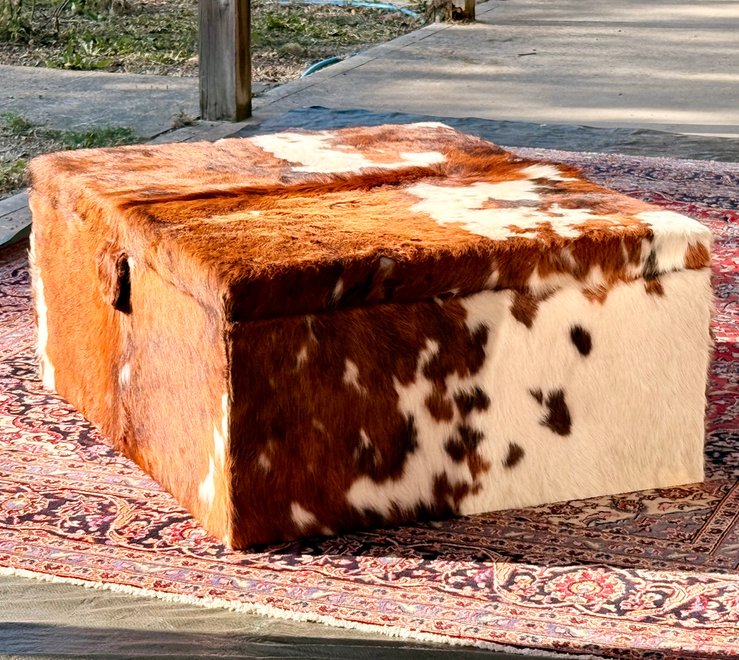 Large Tricolour Cowhide Cocktail Ottoman Coffee Table 120cm