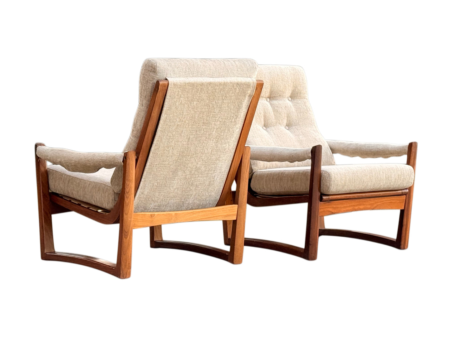 Pair Guy Rogers Virginia Armchairs Afromosia Teak Beige