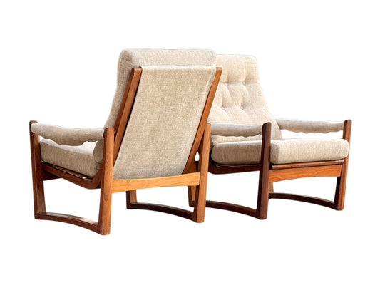 Pair Guy Rogers Virginia Armchairs Afromosia Teak Beige