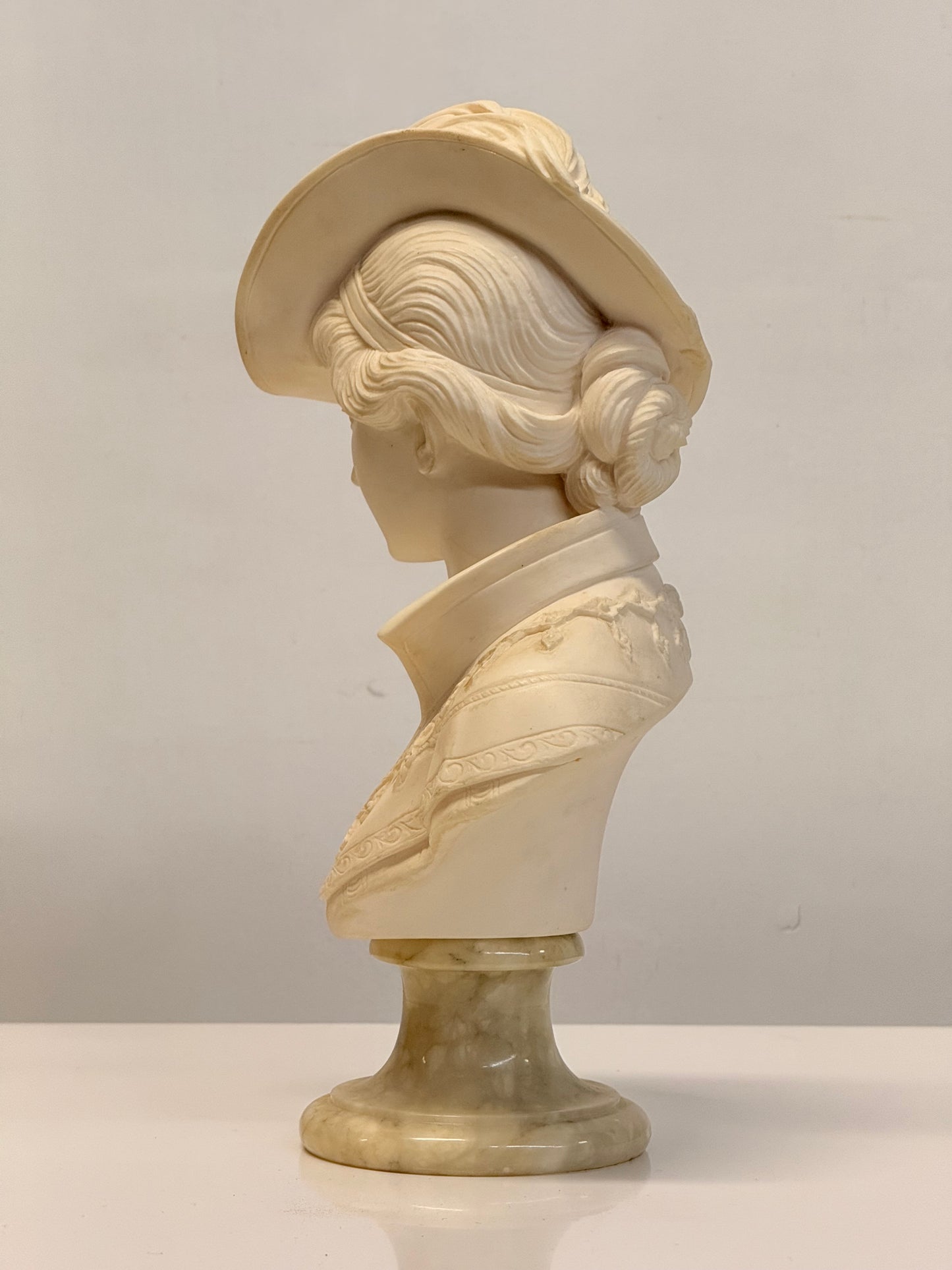 Arnaldo Giannelli 1980 Signed Composite Marble Bust Lady with Plumed Hat - Italian.