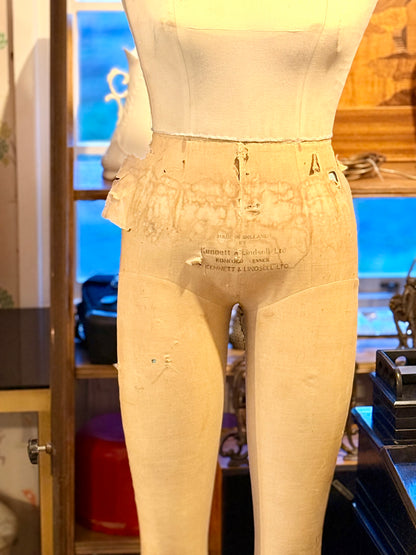 Vintage Kennett & Lindsell Ltd (Est. 1877) Legged Dress Form Mannequin – Cream Linen, Adjustable Stand