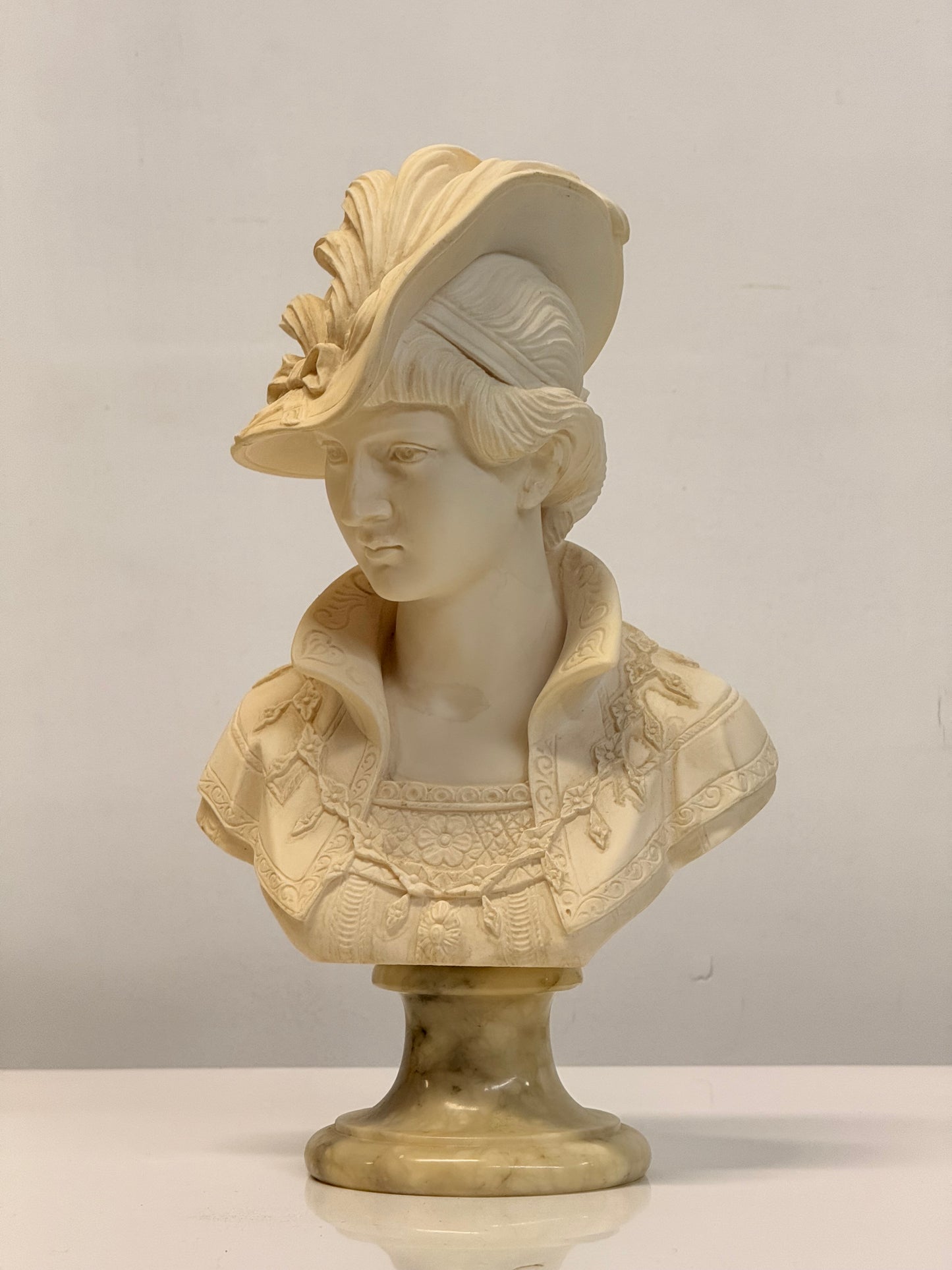 Arnaldo Giannelli 1980 Signed Composite Marble Bust Lady with Plumed Hat - Italian.
